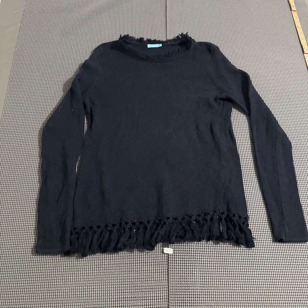 J.McLaughlin Womens Navy Blue Ribbed Knit Tassel Fringe Hem Sweater Size S